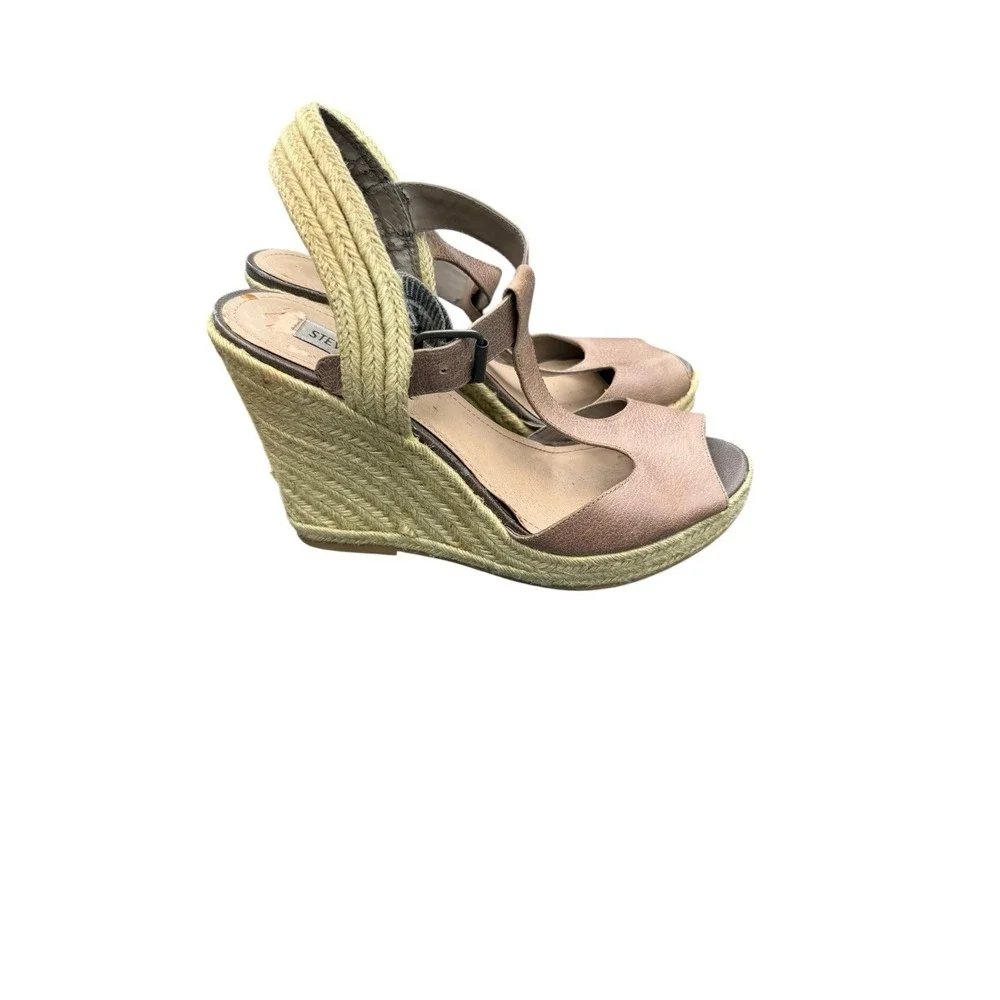Steve Madden Wade T-Strap Wedge Sandals Brown Size 8